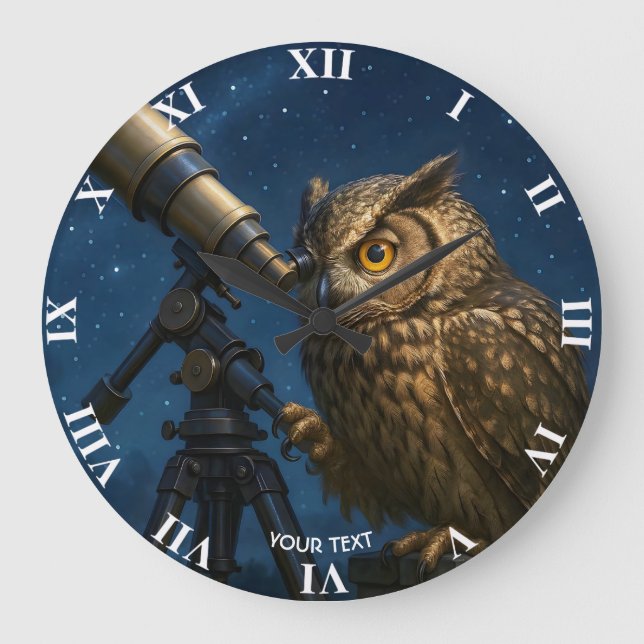 Relógio Grande Fantasy Cute Owl Telescope Night (Frente)