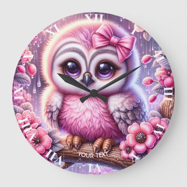 Relógio Grande Fantasy Cute Pink Owl Sakura (Frente)
