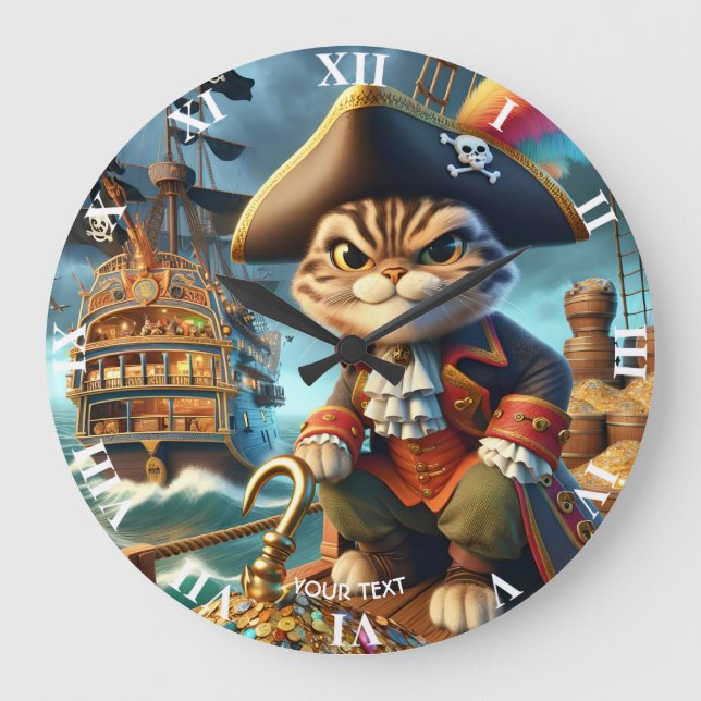 Relógio Grande Fantasy Cute Pirata Navio Gato (Frente)