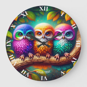 Relógio Grande Fantasy Cute Três Corujas Vibrantes