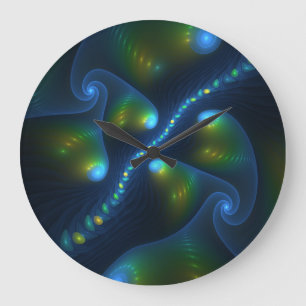 Relógio Grande Fantasy Luzes Abstrato Azul Verde Amarelo Fractal