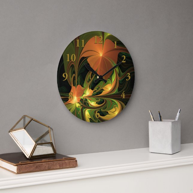 Relógio Grande Fantasy Plant Abstrato Green Rust Brown Fractal (Escritório)