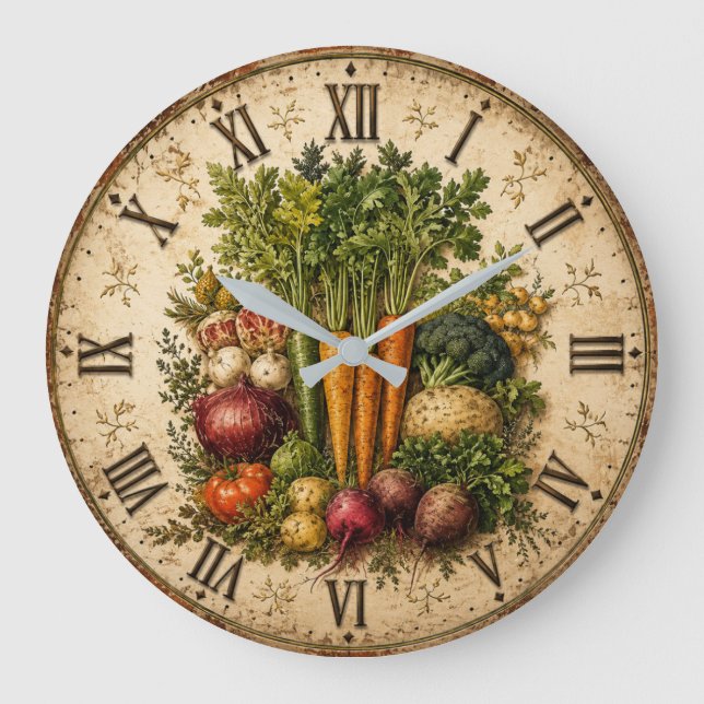 Relógio Grande Farm Fresh Vegetables Rustic Farmhouse Kitchen (Frente)