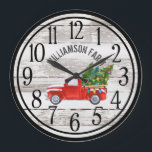 Relógio Grande Farmhouse Chippy Wood Christmas Truck Family Name<br><div class="desc">Farmhouse Chippy Wood Christmas Truck Family Name Large Clock - Clock apresenta um caminhão vintage carregando árvores de Natal, em madeira frágil e em apuros e é personalizado com seu nome. Que adorável adição à sua decoração de Natal. O relógio faria um presente muito especial. Nosso modelo de relógio torna...</div>
