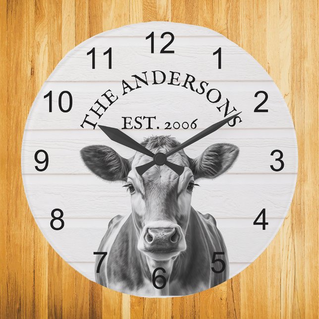 Relógio Grande Farmhouse Cow wood Personalizada (Criador carregado)