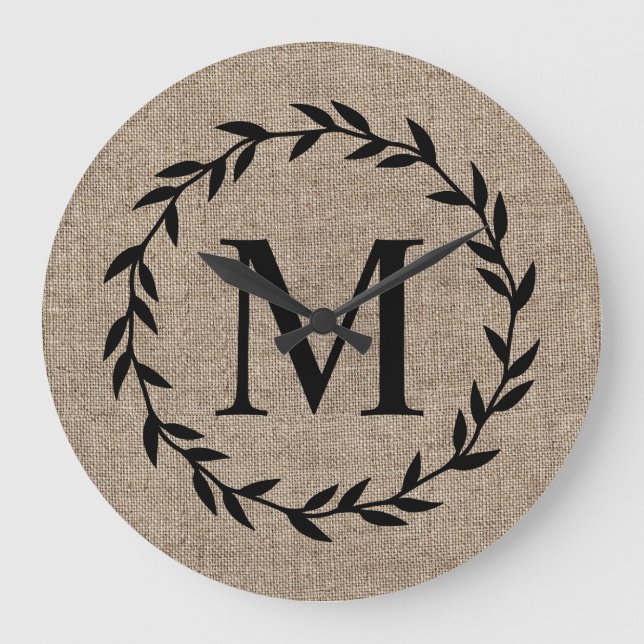 Relógio Grande Farmhouse Rustic Laurel Wreath Family Monogramhous (Frente)
