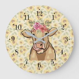 Relógio Grande Farmhouse Sunflower Country Milk Cow Wall Clock
