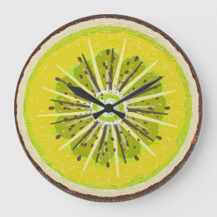 Relógio Grande Fatia de Fruta Kiwi Dourada Vibrante Pintada Moder
