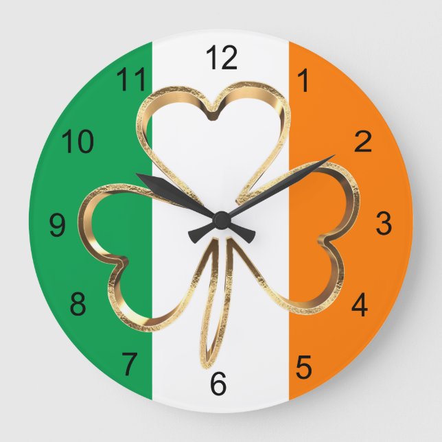 Relógio Grande Faux Dourado Shamrock Clover Irish Flag (Frente)