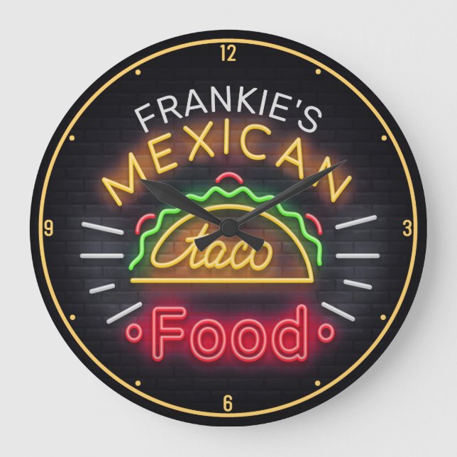 Relógio Grande Faux Neon Mexicano Comida Taco Personalizado Diner (Frente)