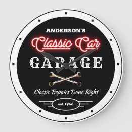 Relógio Grande Faux Red Neon Classic Car Garage Qualquer Nome