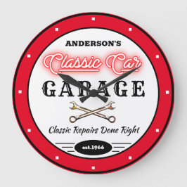 Relógio Grande Faux Red Neon Classic Car Garage Qualquer Nome