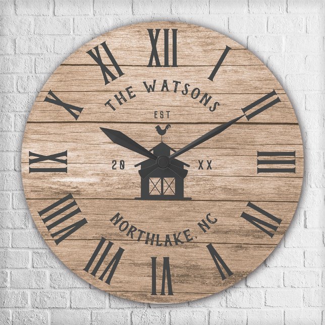 Relógio Grande Fazenda Moderna Rústica Casa da Família Nome Perso (Rustic Modern Farmhouse Custom Family Name Vintage Large Clock)