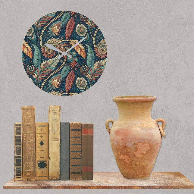 Relógio Grande Feather Floral Paisley Abstrato Ethnic Swirl (Criador carregado)