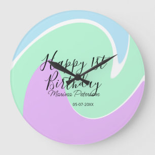Relógio Grande Feliz aniversário de 1 ano rosa verde azul acrílic