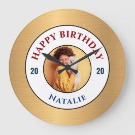 Relógio Grande Feliz aniversário Foto Dourada Elegante Personaliz