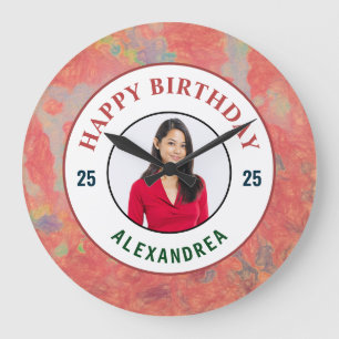 Relógio Grande Feliz Aniversário Pink Watercolor Fotografia Pers
