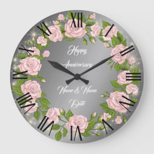 Relógio Grande Feliz Aniversário Rosa Prata Personalizado