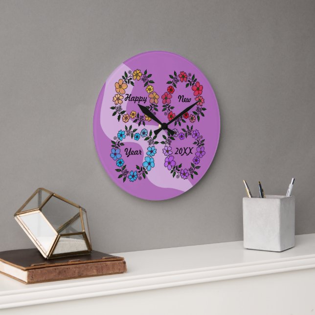 RELÓGIO GRANDE FELIZ ANO NOVO 20XX PERSONALIZADO E FLOWERS WREATH (Escritório)