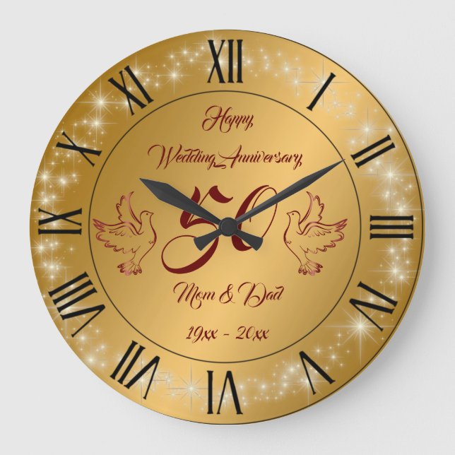 Relógio Grande Feliz Brilhante Personalizar Dourado 50º Aniversár (Frente)