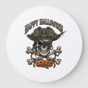 Relógio Grande Feliz Dia das Bruxas Caveira de Pirata Ossos Cruza