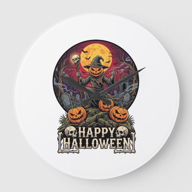 Relógio Grande Feliz Halloween Abóbora Mago Cemitério Lua Cheia (Frente)