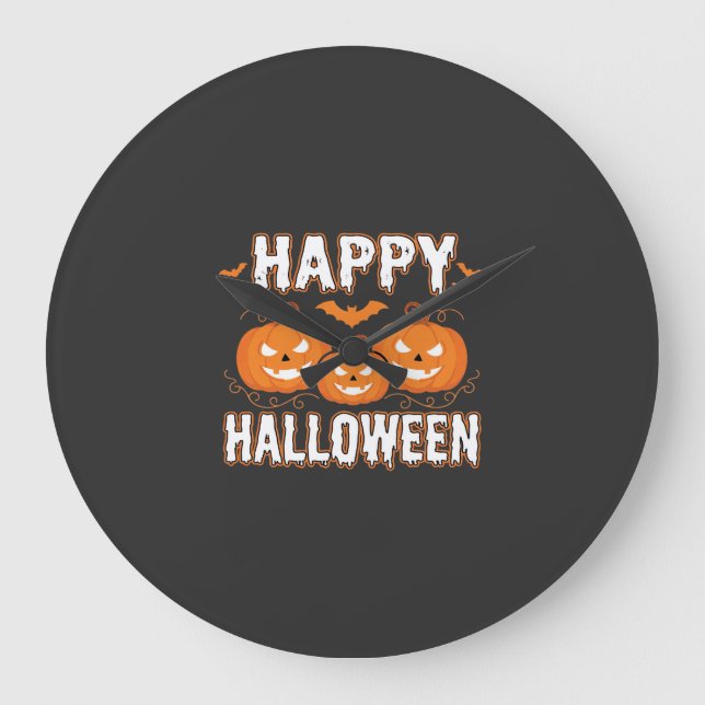 Relógio Grande Feliz Halloween Abóbora Morcego Vetor (Frente)