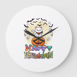 Relógio Grande Feliz Halloween Gato Branco Abóbora Lua Morcegos F