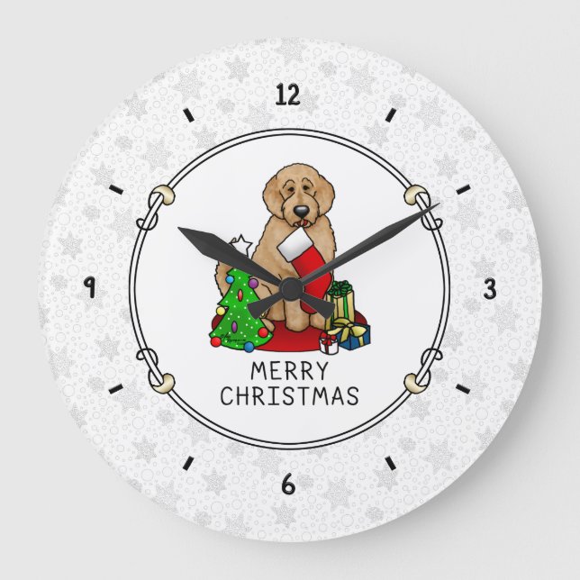 Relógio Grande Feliz Natal 2 Goldendoodle (ouro vermelho) (Frente)