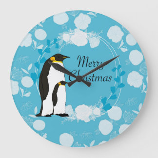 Relógio Grande feliz natal, natal, pinguim, flores, azul,