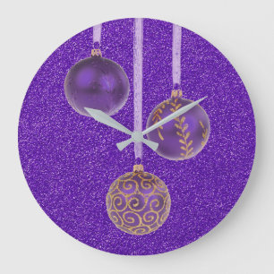 Relógio Grande Feliz Natal Purple Glitter Baubles Elegante