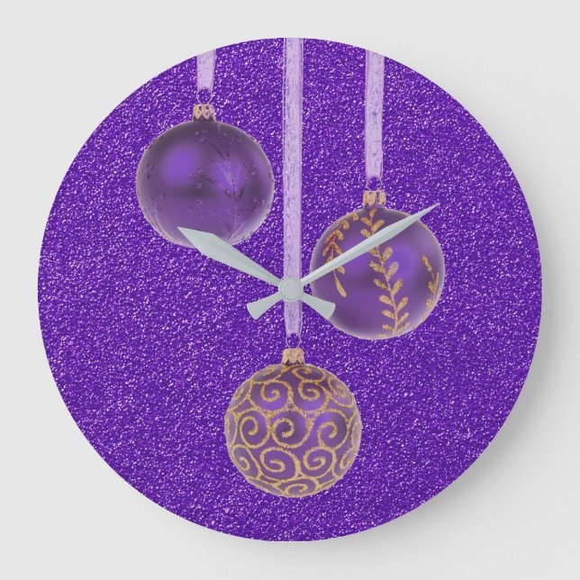 Relógio Grande Feliz Natal Purple Glitter Baubles Elegante (Frente)