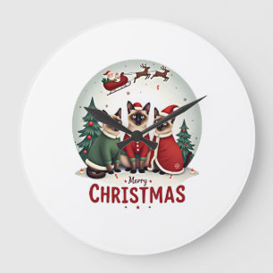 Relógio Grande Feliz Natal Três Santa Elfo Rena Siamês C