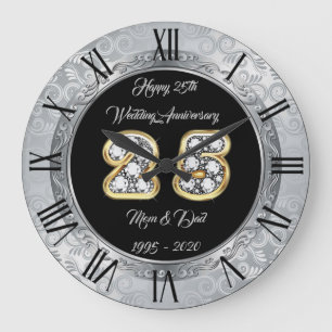 Relógio Grande Feliz Personalização Prata 25º Aniversário
