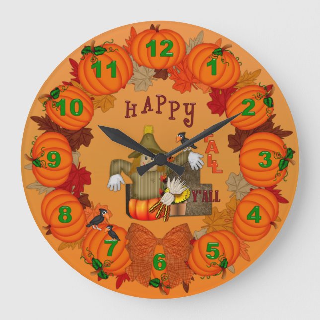 Relógio Grande Feliz Queda Espantalho Pumpkins Round Wall Clock (Frente)