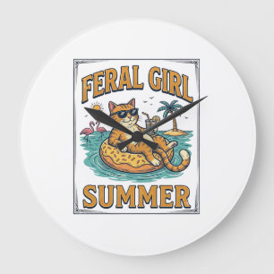 Relógio Grande Feral Girl Summer Cat Float Vintage Camisa Design_