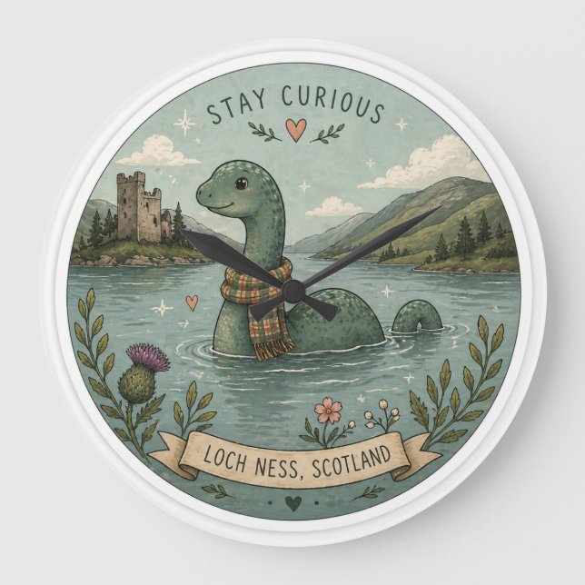 Relógio Grande Fique Curioso Aconchegante Críptido Nessie Monstro (Frente)