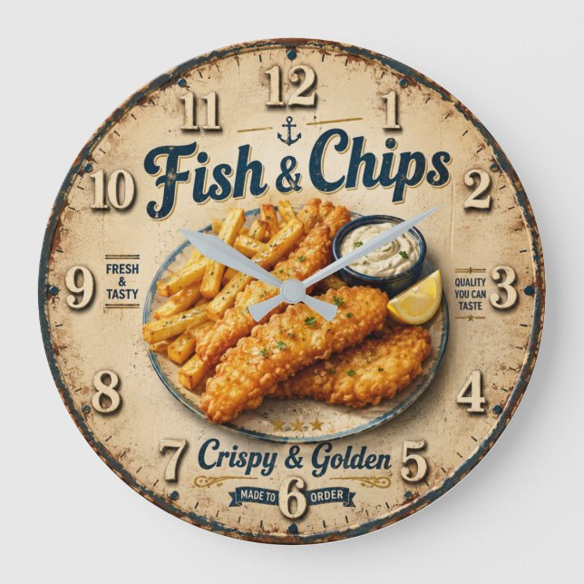 Relógio Grande Fish & Chips Vintage Kitchen (Frente)