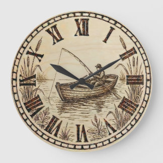 Relógio Grande Fishing Boat Wall Clock – Wood-Burned Style