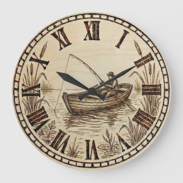 Relógio Grande Fishing Boat Wall Clock – Wood-Burned Style (Frente)