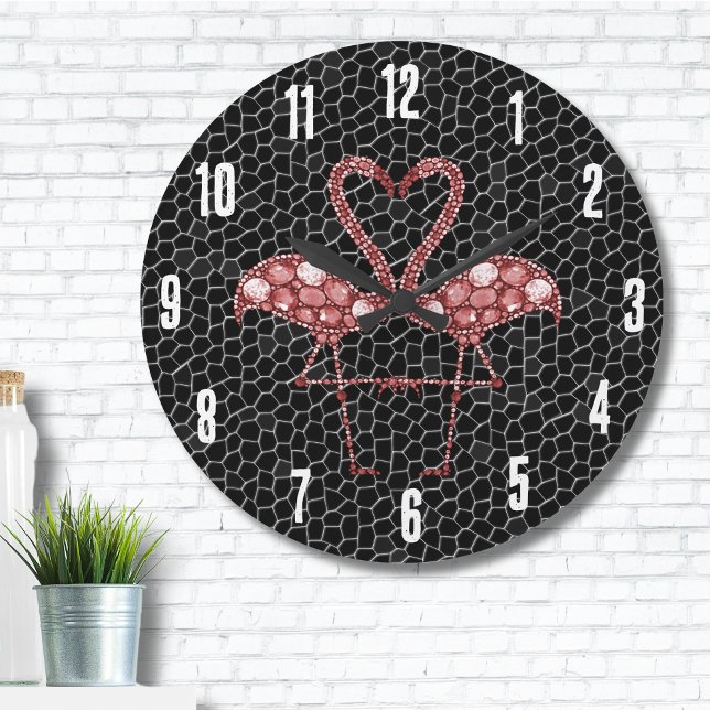 Relógio Grande Flamingo Cor-de-Rosa (Contemporary Abstract Modern Black Pink Flamingo Large Clock)