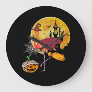Relógio Grande Flamingo   Flamingo Riding Broom Pumpkin Halloween