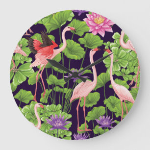 Relógio Grande Flamingo, plantas tropicais, fundo negro.