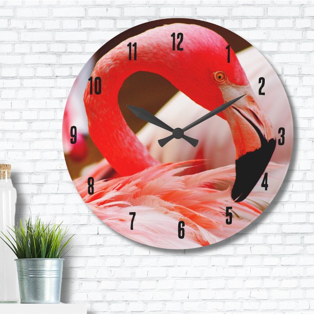 Relógio Grande Flamingo Rosa Tropical Bonito (Vibrant Pink Flamingo Feathers Large Clock)