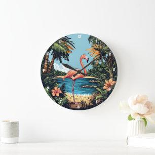 Relógio Grande Flamingo Tropical Beach Wall Art