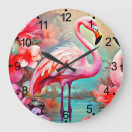 Relógio Grande Flamingo Tropical com Flores