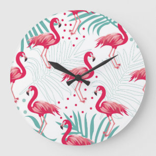 Relógio Grande Flamingo tropical e folhas, padrão de verão.