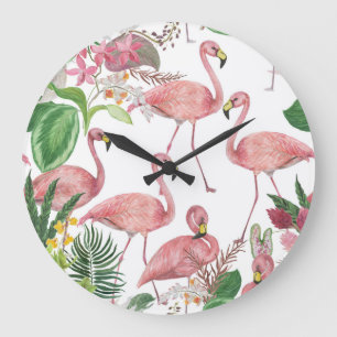 Relógio Grande Flamingo Tropical Leaves Watercolor Patterno