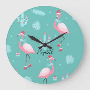 Relógio Grande Flamingos Chapéu de Papai Noel Presentes Flocos de