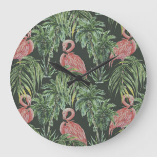 Relógio Grande flamingos cor-de-rosa, padrão de safra tropical.